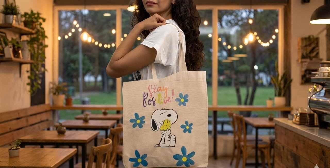 Totebag en una cafeteria